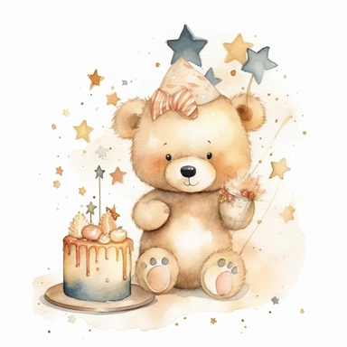 cute watercolor newborn soft beige baby bear toy smiling with stars and birthday cake, watercolor effect, isolated white background, babyshower clipart, soft beige tones