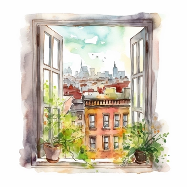 A cityscape view from a loft window, capturing the essence of spring in the city clipart, white background, watercolor drawing