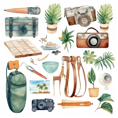Watercolor Travel clipart, Summer Holiday, Vacation clipart, Tourism clipart, Planner clipart, Adventure clipart, PNG, Airplane Camera Globe