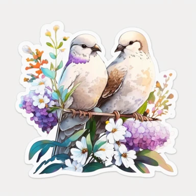 two beautiful doves in love, in a field of flowers, clear sky, clipart, white background, sticker