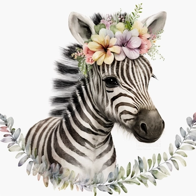 Safari Baby zebra Animal Watercolor Clipart, adorned with a delicate wreath of colorful flowers on its head, standing majestically in a vast open field, its black-and-white stripes contrasting against the pristine white background, capturing the essence of grace and purity, Artwork, watercolor painting on textured paper,