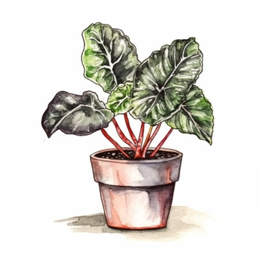 single houseplant in pot, watercolor clipart, beautiful houseplant , landscape art, scrapbook, black contour around the leaves,