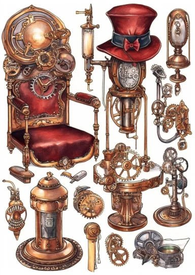 watercolor steampunk mechanical tools clipart set like mirror, lipstick, hat, chair, jewels, highly detailed ,clipart, hd, on white background, spaced out