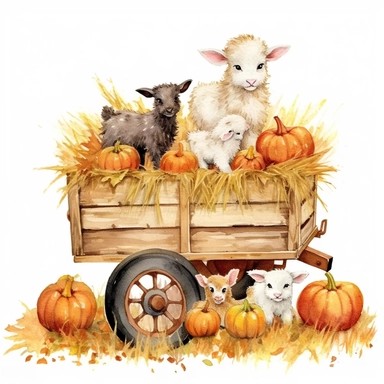 baby farm animals on a hay wagon full of rectangular bales of hay on an autumn day, autumn colors on a white background, clipart, vintage style--q2--s1000