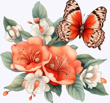 beautiful flowers with butterfly clipart guava, kiwis, red, in the style of qiu shengxian, orange, flat shading, free brushwork, concise brushwork, light brown and gray