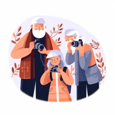 senior people learn to take photos , very simple flat-style clipart design, simple color theme