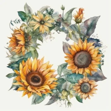 water color sunflower, circle wreath, clipart, flower and leaves, beautiful, detailed, wedding invites, white background