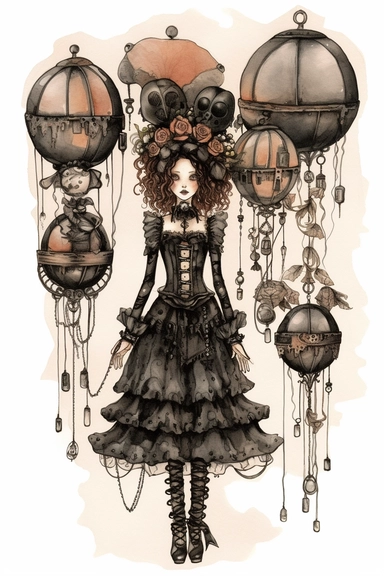 watercolor mixed media goth steampunk bride girl entire body and bridesmaids in goth steampunk wedding decor illustration clipart by holly hobbie