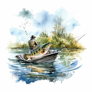 Bass Fishing from Boat on the Lake, watercolor Illustration clipart, 4K, extremely detailed