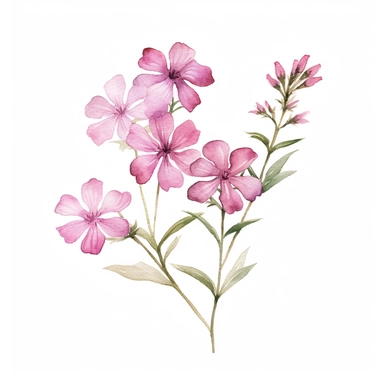 watercolor phlox flowers and leaves clipart,tiny, long branches,hd, on white background, space out