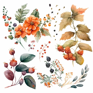 watercolor dusty red floral in the far bottom left corner and far top right coner only, and blackberries in the far bottom left left corner and far up right corner only, clipart, orange, white background, no text