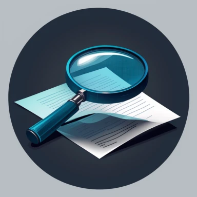 extremely simple corporate clipart, vector image of an magnifying glass reviewing important legal documents sticker, PowerPoint, Adobe Illustrator, corporate clip art for a presentation, dark blue and light blue mood