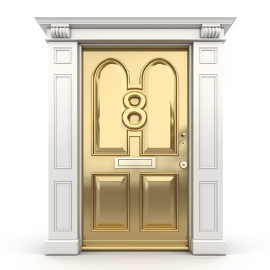 clipart illustration, realistic, gold-colored number 8, eight, house number, white front door,