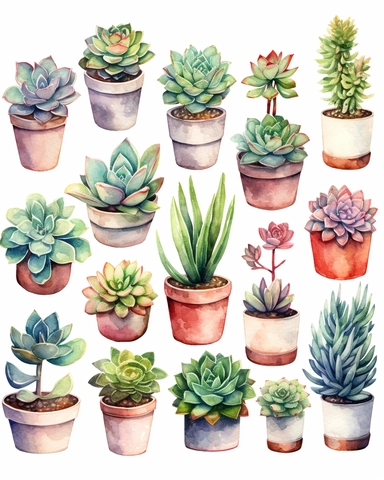 Succulents in pot Watercolor Cliparts Illustrations isolated on white background “Photorealism” taken with macro lens 100 mm on a full-frame camera