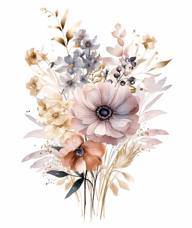 dreamy bohemian watercolor WILD flower arrangement clipart, dusty PINK WILDFLOWERS, VINTAGE VICTORIAN STYLE, fairy style, muted color, accent gold color, watercolor touch, A dusty blue floral card with gold accents, with elements of leaves, wildflowers, elegant, light, airy, fresh, classy, modern, minimalist design, no borders, the overall aesthetic exudes luxury and delight, no text or writing, includes blank space for text and writing, WHITE background, watercolor splashes, FOR CARD, hd, white