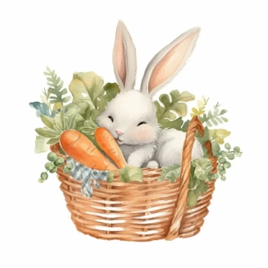 Watercolor bunny peacfully sleeping in a laundry basket clipart, surrounded by tiny carrots and leaf and branches, couple of carrots, high detail carrots, high quality drawing, high quality, body visible, summer colors, hairs are visible, variety of bunny type, summer day theme, valentines day theme, full body bunny, crawling in basket, peacefull fealing, childlike innocence and charm, peacefully sleeping bunny, shy bunny, Oh my god its so cute, I can't believe how cute bunny, hand painted water
