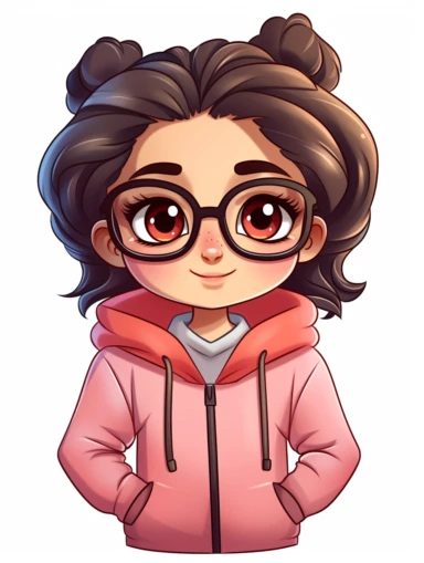 cartoon mom with olive skin tone, half mexican and half caucasion, a little bit chubby, dark brown hair up in a knotted messy bun, glasses with bright red frames, wearing a pink hoodie with the hood down on her back, cute, smiling with simple neutral make-up, in the style of clip art, white background,