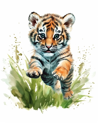 detailed watercolor Baby tiger jumping on grass , hyper realistic, isolated on a white background, clipart