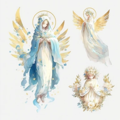 cliparts cute high resolution 3 holy mother, full body using white tunic light blue and gold mantle props, soft colors boho minimalism, hight resolution watercolor illustration the divine holy spirit, a rosary, a church and angels flower’s