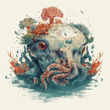 concrete illustration of a double exposure hybrid lion octopus & coral reef drawn with stones, clipart