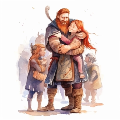 a viking finally at home greeting and hugging his wife and chidren watercolor clipart
