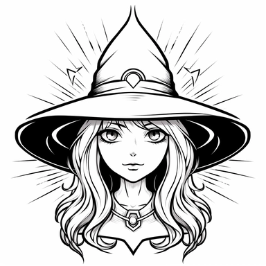 simple black and white clip art, Silhouette crisp line coloring page, happy kawaii cartoon exotic Fantasy breathtaking witch, white fancy witch dress with a cape costume, crisp line art, full symmetrical head, center of the frame, perfect detailed close up face portrait-fantasy on white background. It was a tribute to artstation, Aleksi Briclot‘ and Charlie Bowater‘s iconic style, digital art illustration, vector crisp line, sticker style, with beautiful big eyes and pointed hat and long curly h