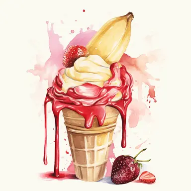 Indulge in the mouthwatering delight of a watercolor illustration capturing the essence of a luscious [banana] ice cream. This delightful clipart brings together the whimsy of a cartoon style with hyper-realistic details, creating a truly tempting treat for the eyes. Every brushstroke showcases intricate details, from the glistening texture of the ice cream to the vibrant red hues of the ripe [banana]. Isolated on a pristine white background, this high-quality artwork is perfect for various appl