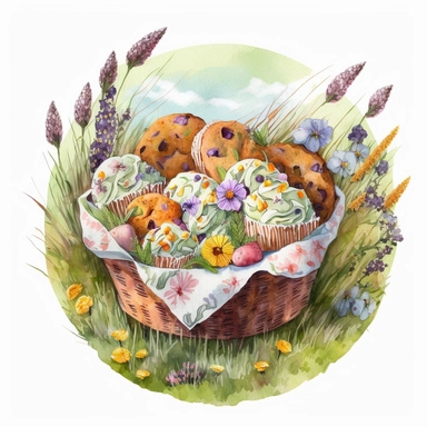 A beautifull basket full of Easter muffins lying on the grass,daisies and lavenders, a sunny day, a lively and coloured landscape, watercolour effect, Suitable for Digital Clipart , White Background, fantastic scene , Kids storybook style, detailed , ultra realistic , in a flowering circle frame