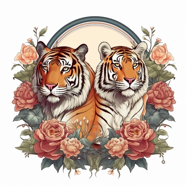 A retro illustration of 2 tigers surrounded with flowers and art nouveau details, professional clipart, beautiful summer color palette, inspired by sailor jerry tattoos, epic composition on white background, 8k,