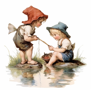 Two garden gnome kids fishing at a pond, fishing line in the water, basket with fish, white background, style of Pierre-Joseph Redoute, as clipart, single design, sharp lines, dreamy