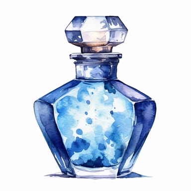 parfum glass bottle watercolor highly detaild standing in the sun blue color watercolor clipart