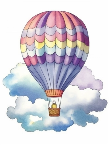 watercolor clipart with white background, hotair balloon floating in giant clouds, flat design, clearly defined separated image, high quality