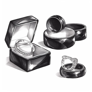Hand drawn black shiny ring box, set of silver wedding bands, glamorous, very detailed and realistic, watercolor, clipart style, white background with margins