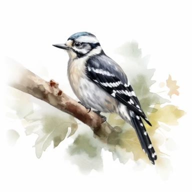 a single watercolor Downy Woodpecker sitting on a leafy branch clipart, hd, white background, spaced out