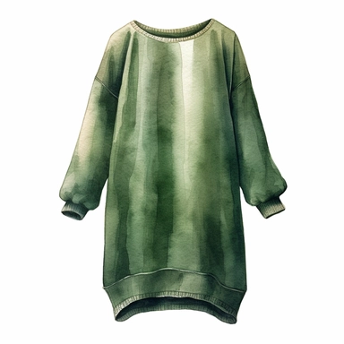 watercolor, hyper realistic, white background, white margins, 16k, ultra detailed clipart, cut out image, hand-drawn a sweater dress in a deep forest green shade, portraying a blend of sophistication and comfort