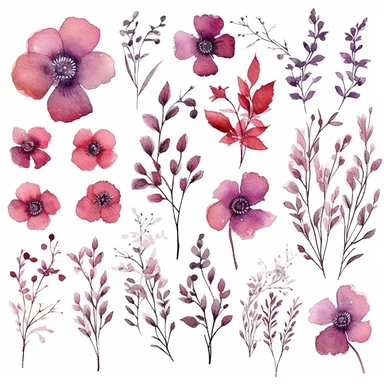 beautiful dainty burgundy flowers, mauve, boho watercolor clipart, solid white background, hard edges, smooth