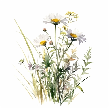 clean minimalistic wildflowers watercolor flower painting, in the style of watercolor landscapes, romantic and nostalgic themes, highly detailed and defined brush strokes of each stalk and grass and buds skillful clipart clean white background high contrast 16k resolution