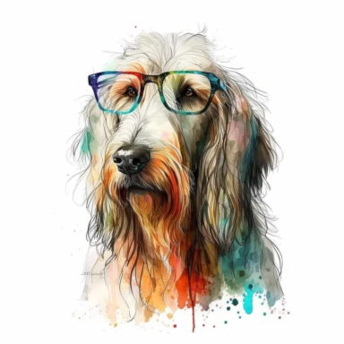 a watercolor painting of a Afghandog Hound COOL with glasses, clipart, white background