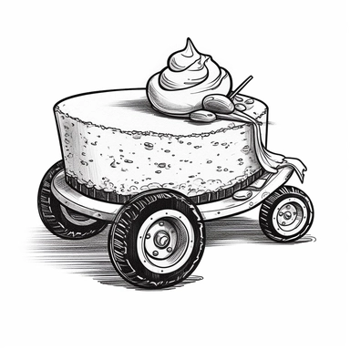 a cream pie with wheels, black and white comic drawing, little detail, clipart