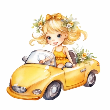 Cute little fairy girl driving a sport car yellow watercolor Clipart