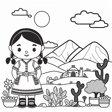 Landscape, simple, traditional costume, local food, animal, educational, history, and cultural diversity, clipart style, cute, picture book style, captivating, kid friendly cute character, black and white, coloring book, not color style, cartoon style, vector image, simple, line art style, character, white background