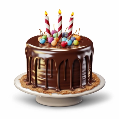 Generate a clipart image of a chocolate ganache birthday cake white background. Showcase a rich chocolate cake covered in a velvety ganache frosting, perfect for chocolate lovers