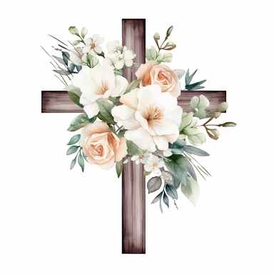 wooden cross, tiny flowers, white flowers, pink peonies, eucalyptus, watercolor, clipart, white background