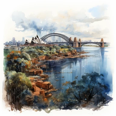 illustration of leather bound journal open with maps of Australia and the iconic Sydney Opera house and Sydney harbour bridge in background simple details, clip art, watercolour, deep vivid colours, white background