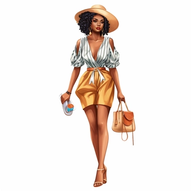 realistic illustration of Fashion-forward African American woman: Illustrate a clipart of a stylish African American woman wearing fashionable clothing and accessories. Showcase her confidence and individuality through her outfit and pose. clipart, isolated on white background, 4K