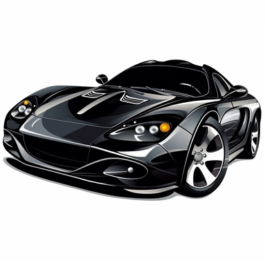 a black sports car cartoon clipart on a white background, caricature-like, two dimensional