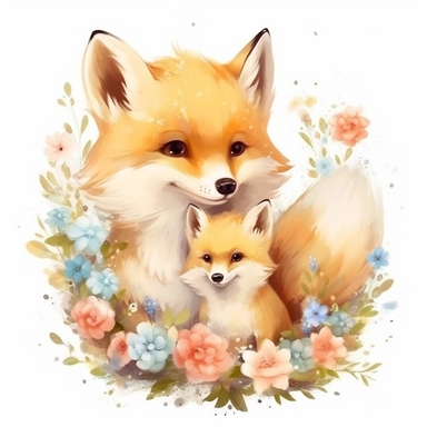 Cute floral illustration, realsitic adorable baby fox hugging his mom happy clipart, nursery style clipart, Nursery Animals Art, Kids Wall Art, Kids Room Decor, Baby Room Decor, isolated on white, ultra - detailed, high quality, ghibli style, award winning