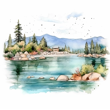 Lake Tahoe on a beautiful summer day, coastal clipart, watercolor Illustration, Sublimation graphics, by Beatrix Potter, Watercolor clipart, single design, print on demand image, PNG transparent,clear background, watercolor styles white background for removing background - - no text shadow font watermark