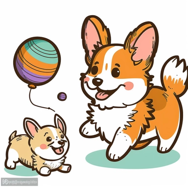 a cute cartoonish clipart of a mommy corgi playing with her baby, by Kasia Rogowska, with a white background and a bright and colorful color palette. The mommy corgi is teaching her baby how to play fetch with a ball, and the baby corgi is bouncing happily after the ball. The clipart has a dynamic and energetic style, with lively lines and fun patterns that make it really pop.