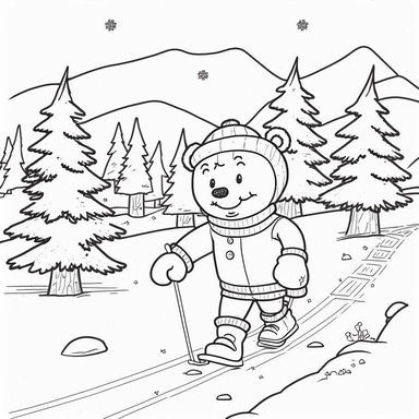 Coloring book page for kids, a Christmas tree, cute little bear in human costume, wearing Christmas hat, laughing, skis under your feet, ski poles in your hands, running cross country skiing, clipart, cartoon kids style hand drawn line art, black and white